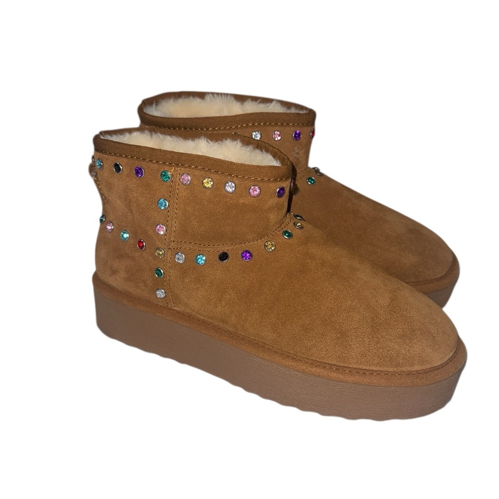 NEW  Comfy Chestnut Brown Faux Fur Lined  Suede Rhinestones Slip On Boot 10